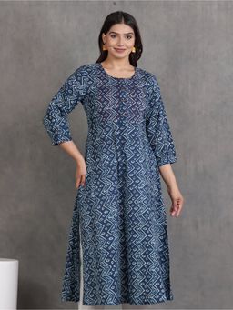 ARAMYA - Women Blue Soft Cotton A-Line Geometric Print Kurta