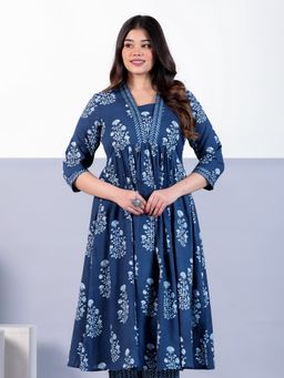 ARAMYA - Women Indigo Soft Cotton Floral Print Kurta