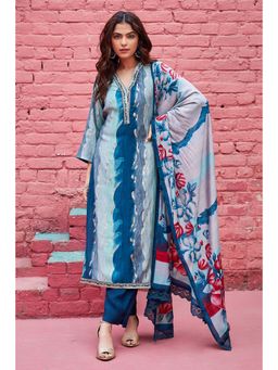 Biba - Teal Muslin Printed Unstitched Suit (Set of 3)