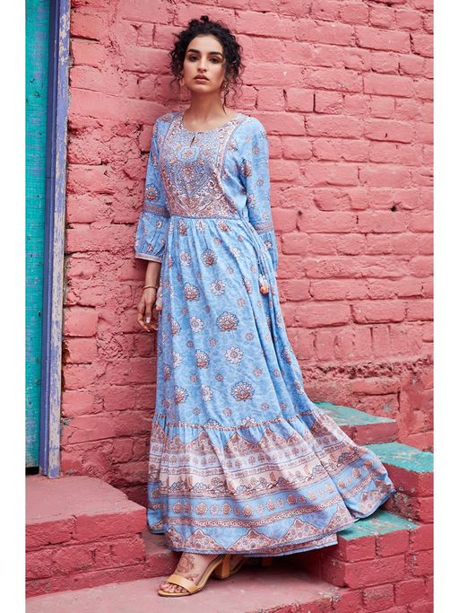 biba blue dress Borgo de Nor Biba Floral-printed Cotton Maxi Dress - Women - Blue Dresses