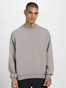 VEIRDO - Mens Oversize Grey Fleece Crew Neck Solid Comfortable & Stylish Sweatshirt
