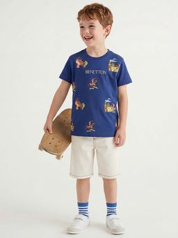 United Colors of Benetton - Blue Printed Regular Fit T-Shirt