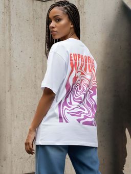 Oh Rare - Women White Oversized Drop Shoulder Cotton Print T-Shirt