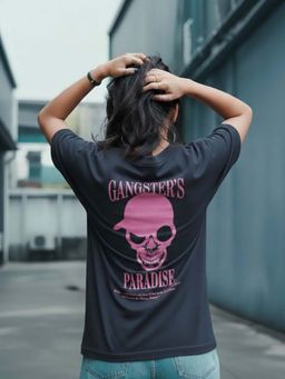 Oh Rare - Women Navy Blue Printed Oversized Drop Shoulder Cotton T-Shirt