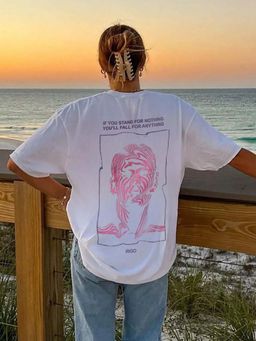 Oh Rare - Women White Printed Oversized Drop Shoulder Cotton T-Shirt