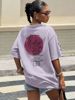 Oh Rare - Women Purple Graphic Printed Oversized Drop Shoulder Cotton T-Shirt
