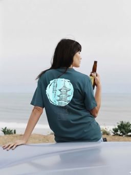 Oh Rare - Women Teal Graphic Printed Oversized Drop Shoulder Cotton T-Shirt