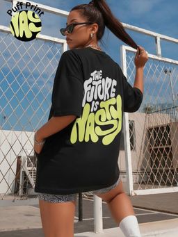 Oh Rare - Women Black Oversized Drop Shoulder Typography Printed Cotton T shirt