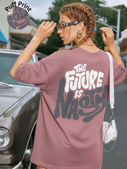 Oh Rare - Women Mauve Oversized Drop Shoulder Typography Printed Cotton T shirt