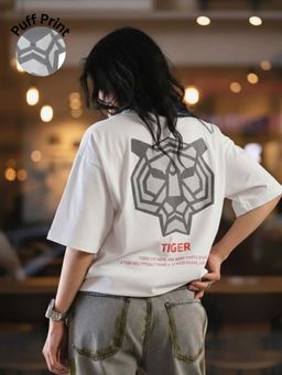 Oh Rare - Women White Oversized Drop Shoulder Printed Cotton T shirt