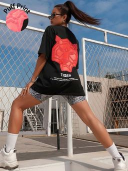 Oh Rare - Women Black Oversized Drop Shoulder Printed Cotton T shirt