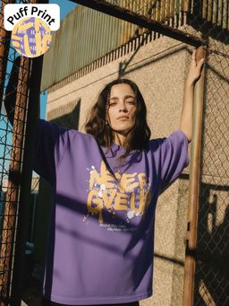 Oh Rare - Women Purple Oversized Drop Shoulder Typography Printed Cotton T shirt