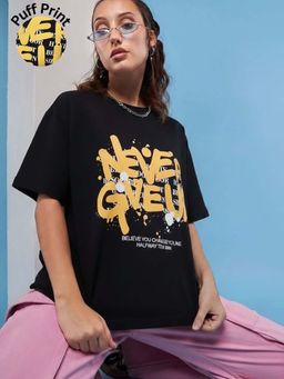 Oh Rare - Women Black Oversized Drop Shoulder Typography Printed Cotton T shirt