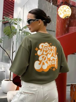 Oh Rare - Women Green Oversized Drop Shoulder Typography Printed Cotton T shirt