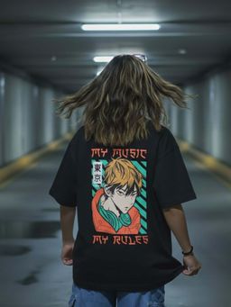 Oh Rare - Women Black Oversized Drop Shoulder Graphic Printed Cotton T shirt