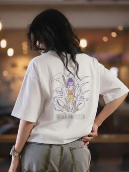 Oh Rare - Women White Oversized Drop Shoulder Graphic Printed Cotton T shirt