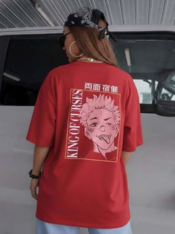 Oh Rare - Women Maroon Oversized Drop Shoulder Graphic Printed Cotton T shirt