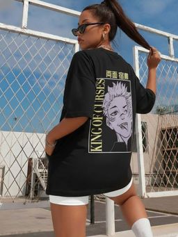 Oh Rare - Women Black Oversized Drop Shoulder Graphic Printed Cotton T shirt