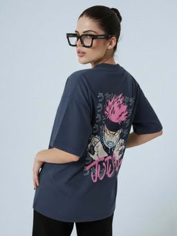 Oh Rare - Women Blue Oversized Drop Shoulder Graphic Printed Cotton T shirt