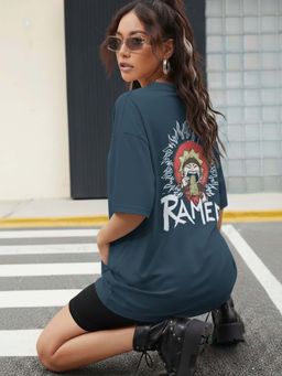 Oh Rare - Women Teal Oversized Drop Shoulder Anime Printed Cotton T shirt