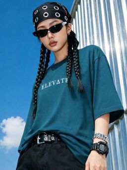 Oh Rare - Women Teal Typography Printed Drop Shoulder Oversized Cotton T-shirt