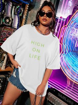 Oh Rare - Women White Typography Printed Drop Shoulder Oversized Cotton T-shirt