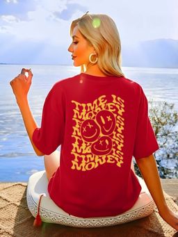Oh Rare - Women Maroon Printed Drop Shoulder Cotton Oversized T-shirt