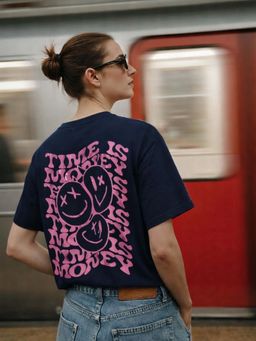 Oh Rare - Women Navy Blue Printed Drop Shoulder Cotton Oversized T-shirt