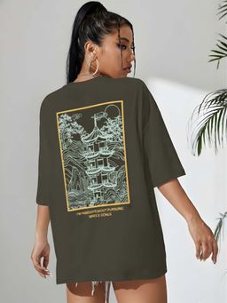 Oh Rare - Women Olive Graphic Printed Drop Shoulder Cotton Oversized T-shirt