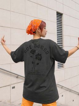 Oh Rare - Women Grey Printed Drop Shoulder Cotton Oversized T-shirt