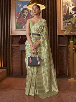 Akhilam - Womens Silk Blend Green Woven Design Handloom Saree with Unstitched Blouse
