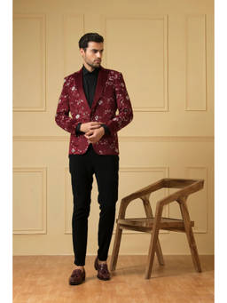 HILO DESIGN - Maravilla Maroon Embroidered Blazer and Trousers