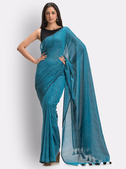 Angoshobha - Teal Handloom Traditional Molmol Cotton Saree with Unstitched Blouse