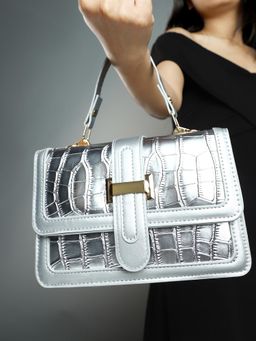 Haute Sauce - Women's The Gator-Buckle Handbag with Detachable Strap -Silver