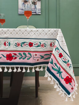 Urban Space - Dining Table Cover For 4 Seater Hibiscus Border Pink