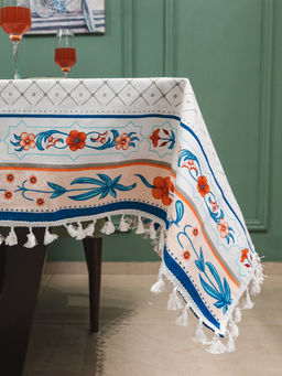 Urban Space - Dining Table Cover For 4 Seater (Square 54 X 54 Inch - Hibiscus Border Peach) (4 Seater)