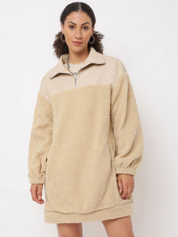 Missguided - Stone Faux Leather Borg Teddy Mix Oversized Sweater Dress