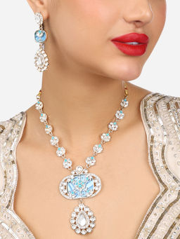 Zaveri Pearls - Turquoise Blue Stones Floral Design Necklace & Earring Set