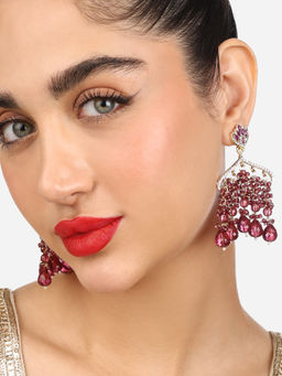 Zaveri Pearls - Wine Color Stones Cluster Beaded Chain Fringe Drop Earrings