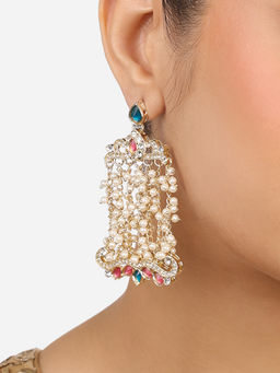 Zaveri Pearls - Green Pink Stones Clustered Pearls Chain Fringe Drop Earrings