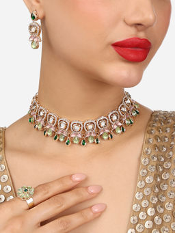 Zaveri Pearls - Green Pink Stones Diamonds Choker Necklace Earring Ring Set
