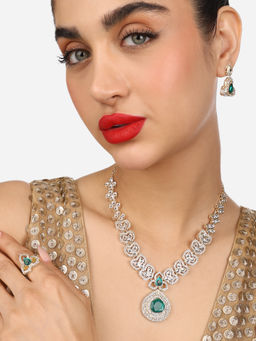 Zaveri Pearls - Green Austrian Diamonds Kundan Necklace Earring Ring Set