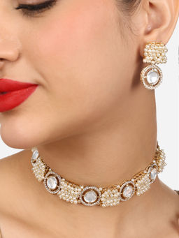 Zaveri Pearls - Gold Tone Austrian Diamonds Clustered Necklace Earring Set