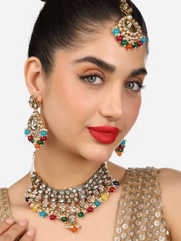 Zaveri Pearls - Multicolor Kundan Multistrand Necklace Earring Maangtikka Set