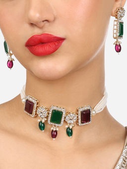 Zaveri Pearls - Green & Purple Stone Beads Choker Necklace & Earring Set