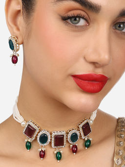 Zaveri Pearls - Green & Purple Stone Beads Choker Necklace & Earring Set
