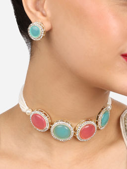 Zaveri Pearls - Pink Turquoise Blue Multistrand Choker Necklace Earring Set