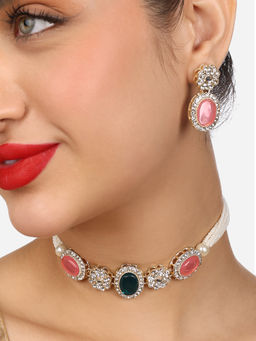 Zaveri Pearls - Pink Green Diamonds Multistrand Choker Necklace Earring Set