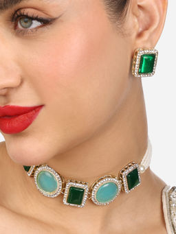 Zaveri Pearls - Green Turquoise Blue Multistrand Choker Necklace Earring Set