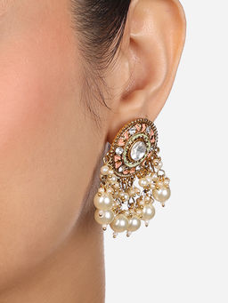 Zaveri Pearls - Peach White Meenakari Diamonds Beads Drop Earring